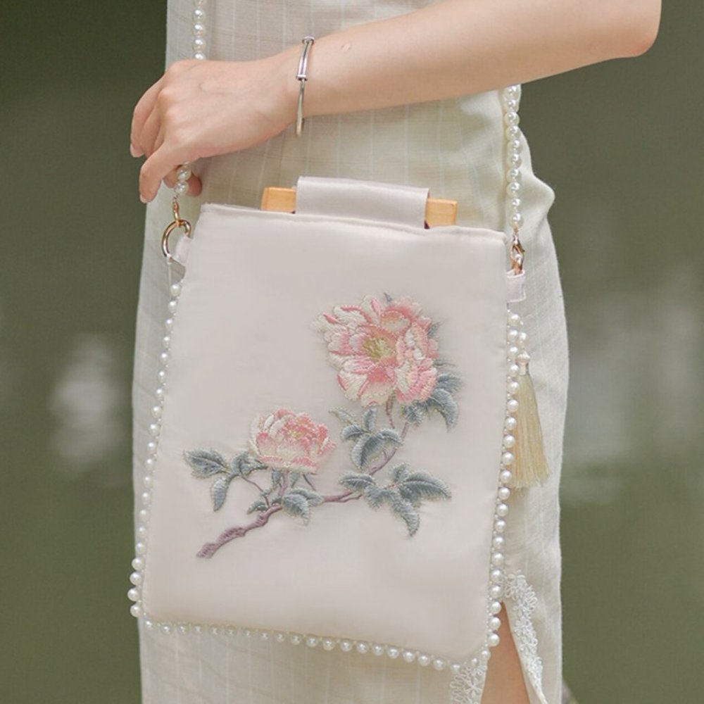 Peony Flower Embroidered Shoulder Bag Pearl Chain Women Retro Floral Handbag #37